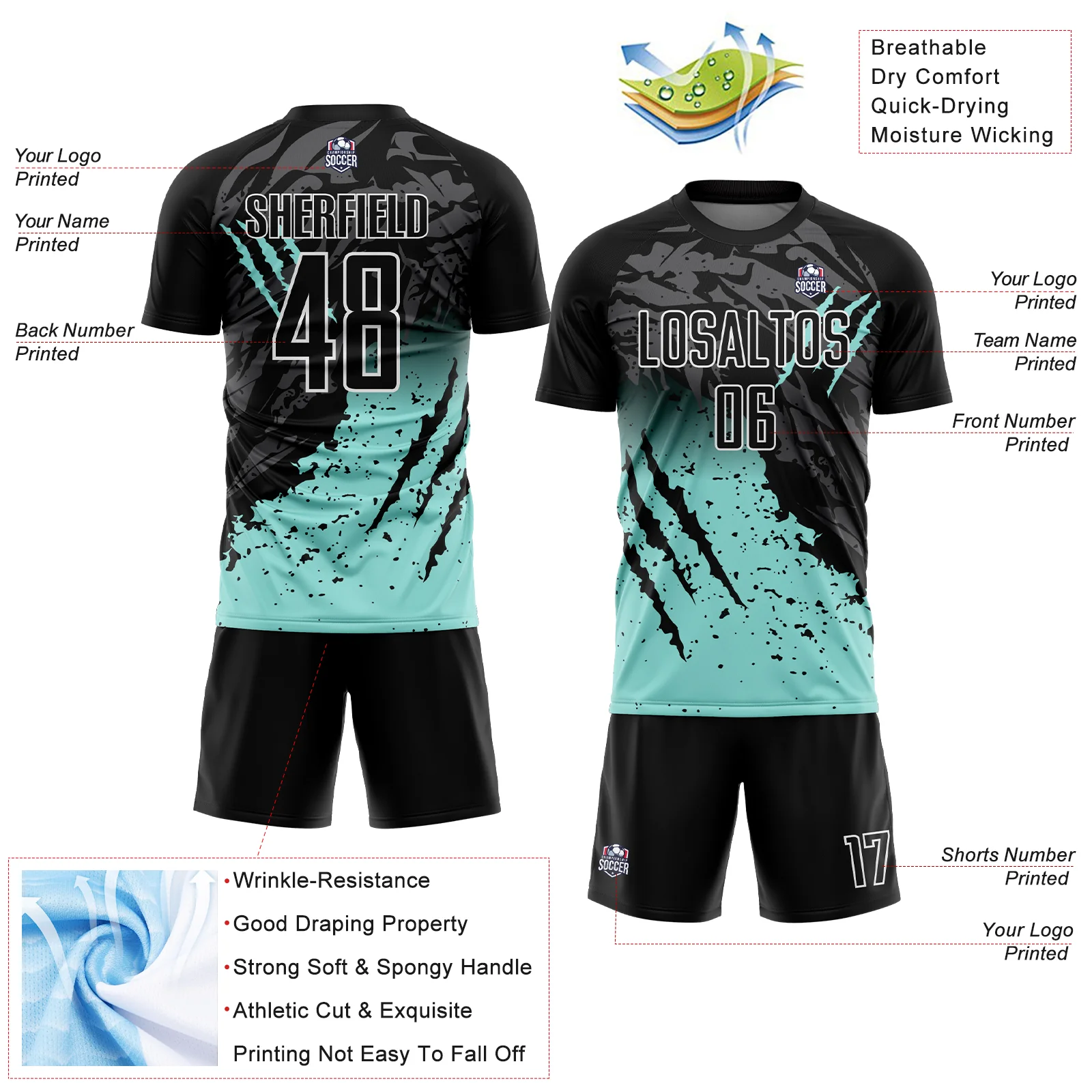 Custom Black Ice Blue-White Gradient Scratch Splash Sublimation Soccer Uniform Jersey - Image 4