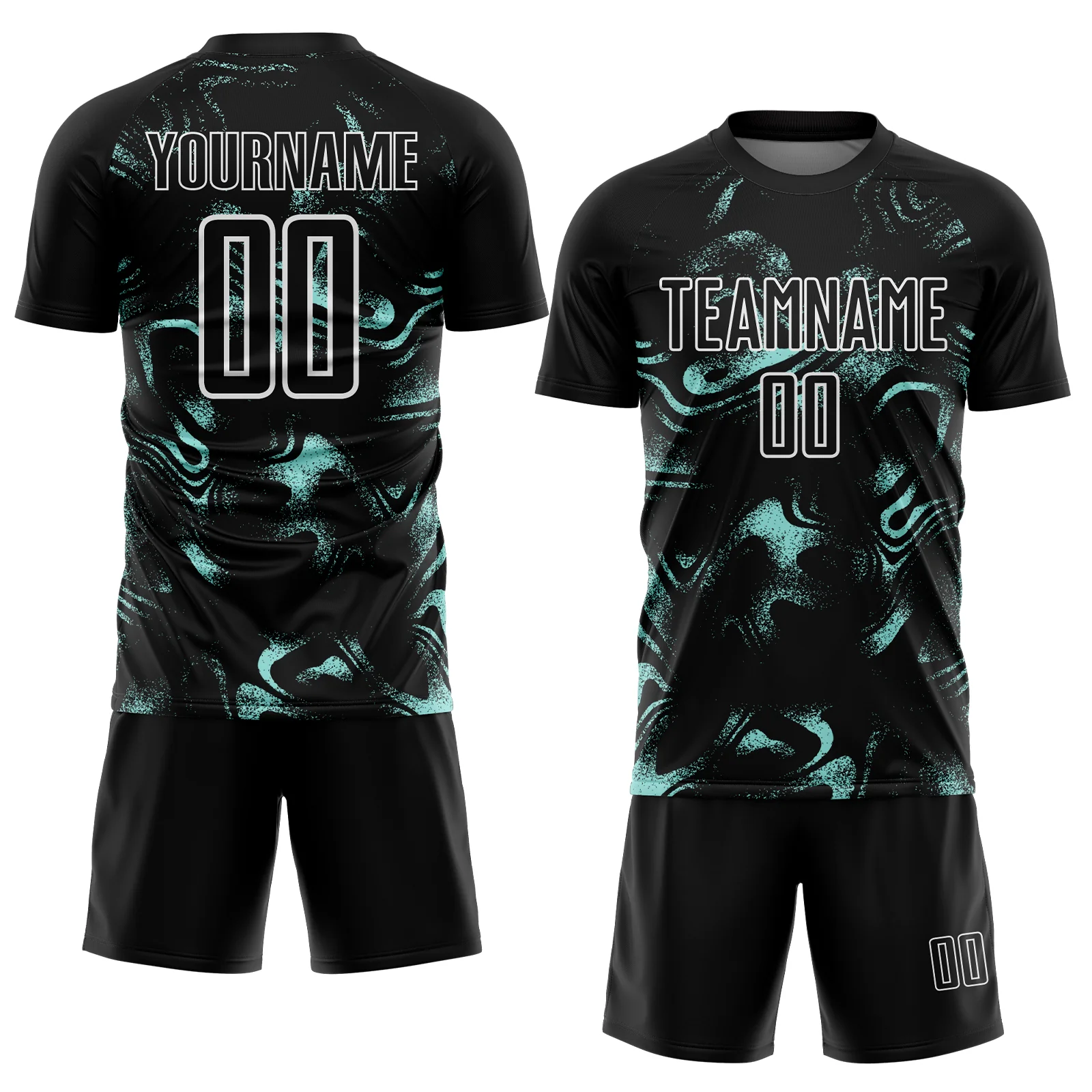 Custom Black Ice Blue-White Abstract Liquid Sublimation Soccer Uniform Jersey - Image 2