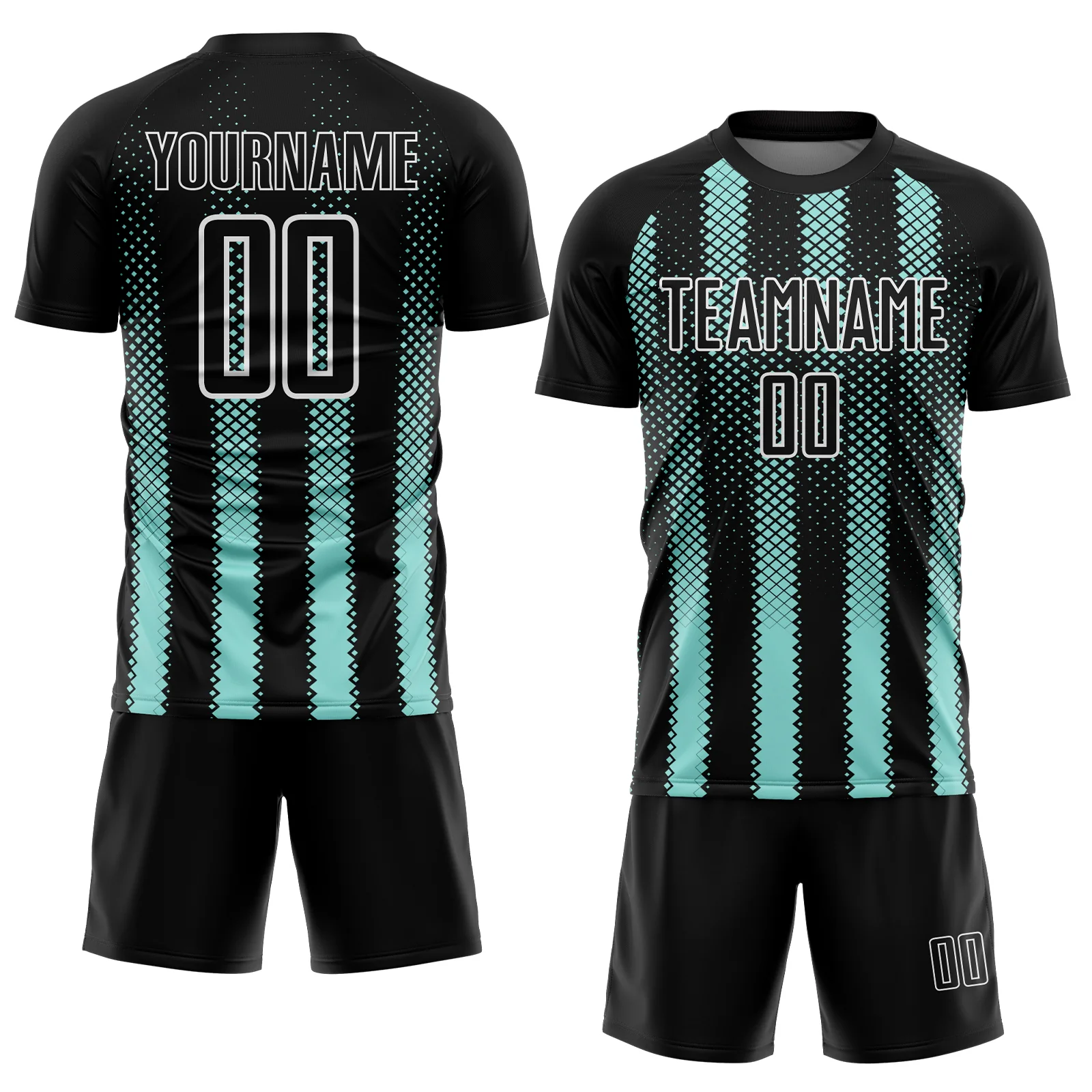 Custom Black Ice Blue-White Geometric Shape Sublimation Soccer Uniform Jersey - Image 2