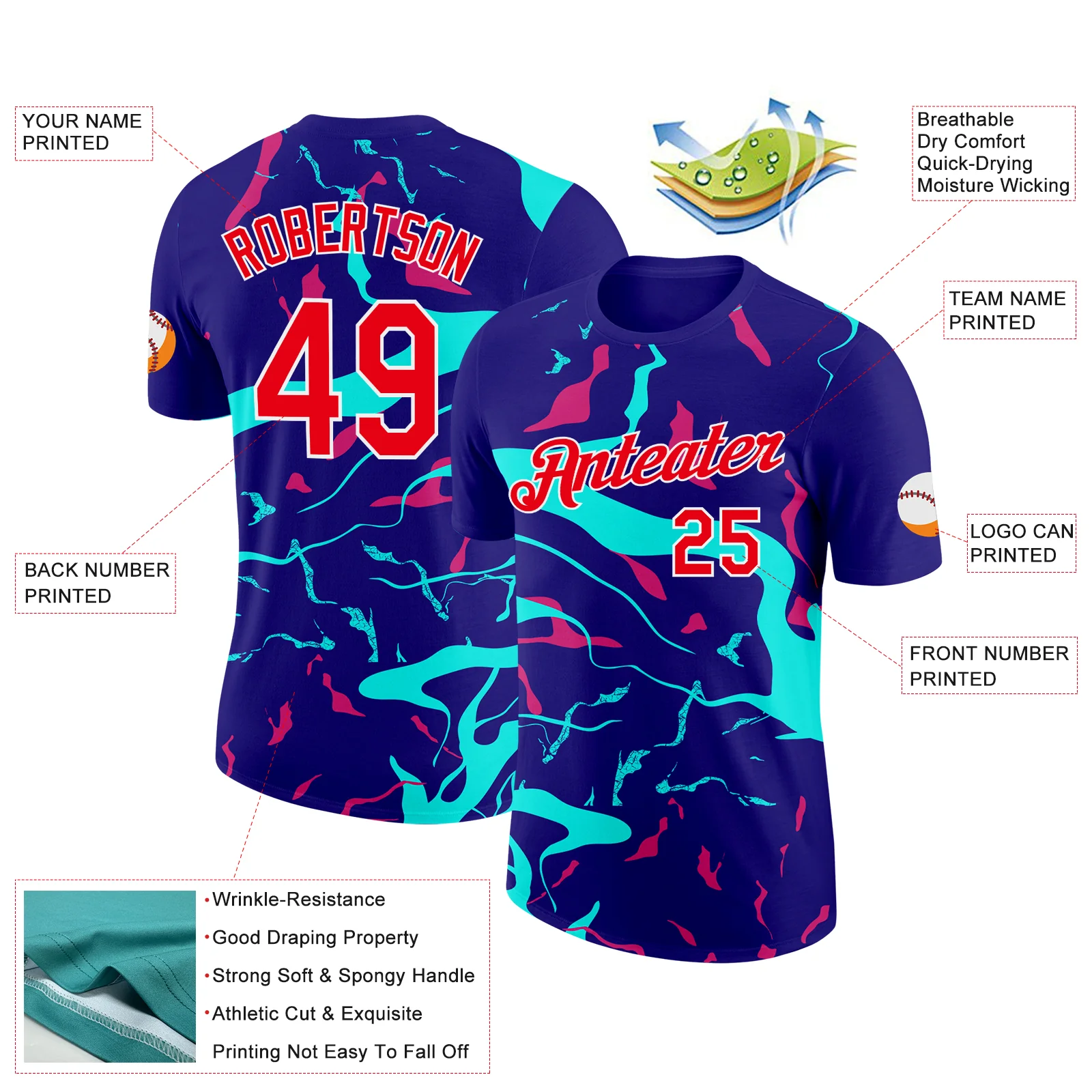 Custom Dark Purple Fire Red Ice Blue-Hot Pink 3D Esports Performance T-Shirt - Image 2
