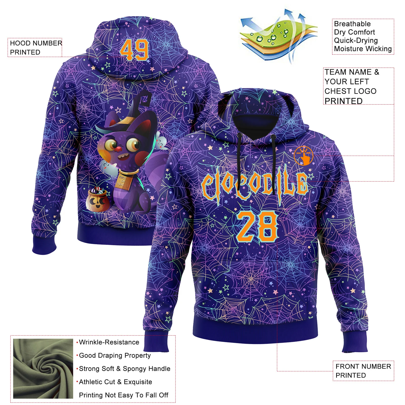 Custom Dark Purple Bay Orange-Ice Blue 3D Halloween Spider Net Horror Night Trick Treat Party Costume Ideas Sports Pullover Sweatshirt Hoodie - Image 2