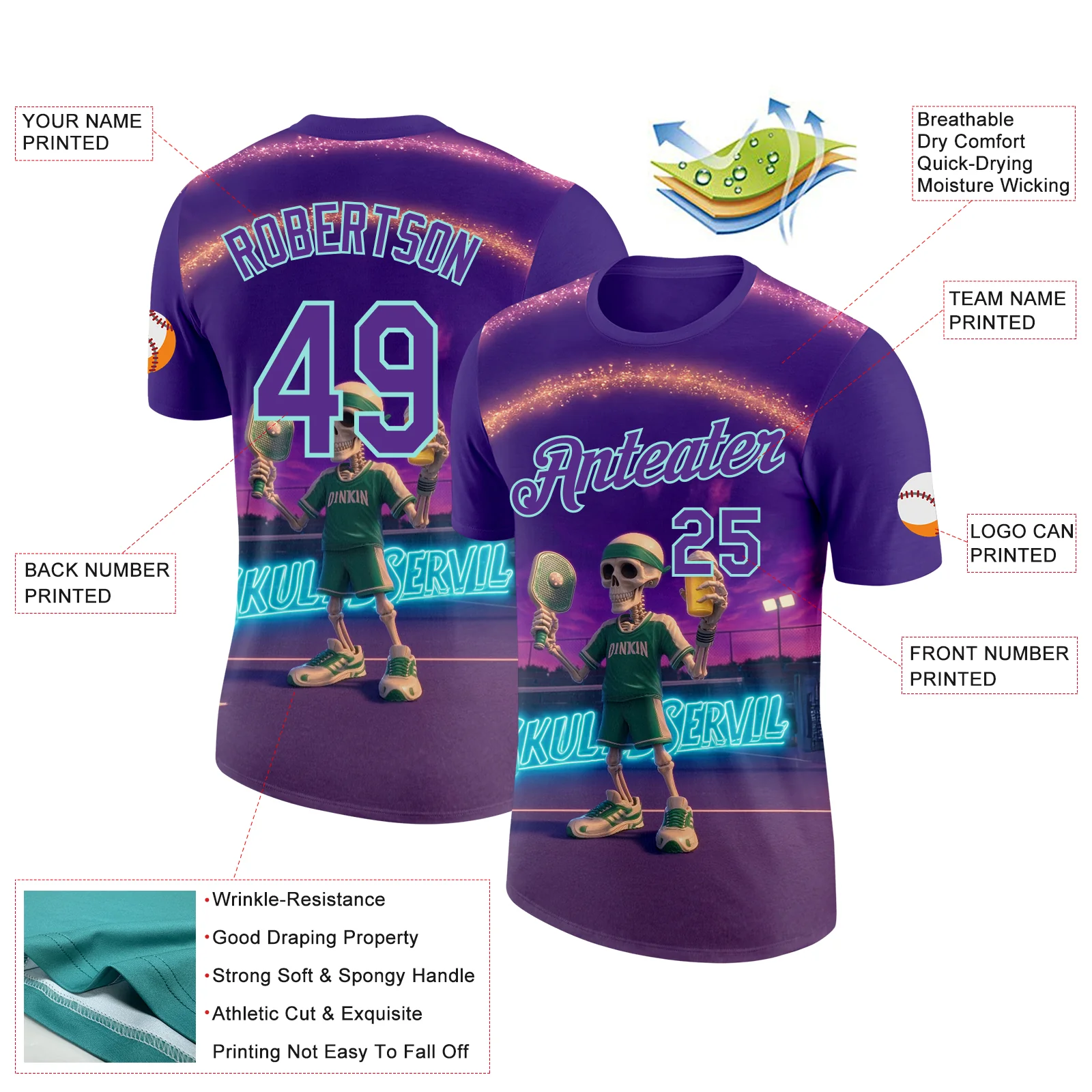 Custom Purple Ice Blue 3D Funny Pickleball Paddles Balls Skeleton Performance T-Shirt - Image 2