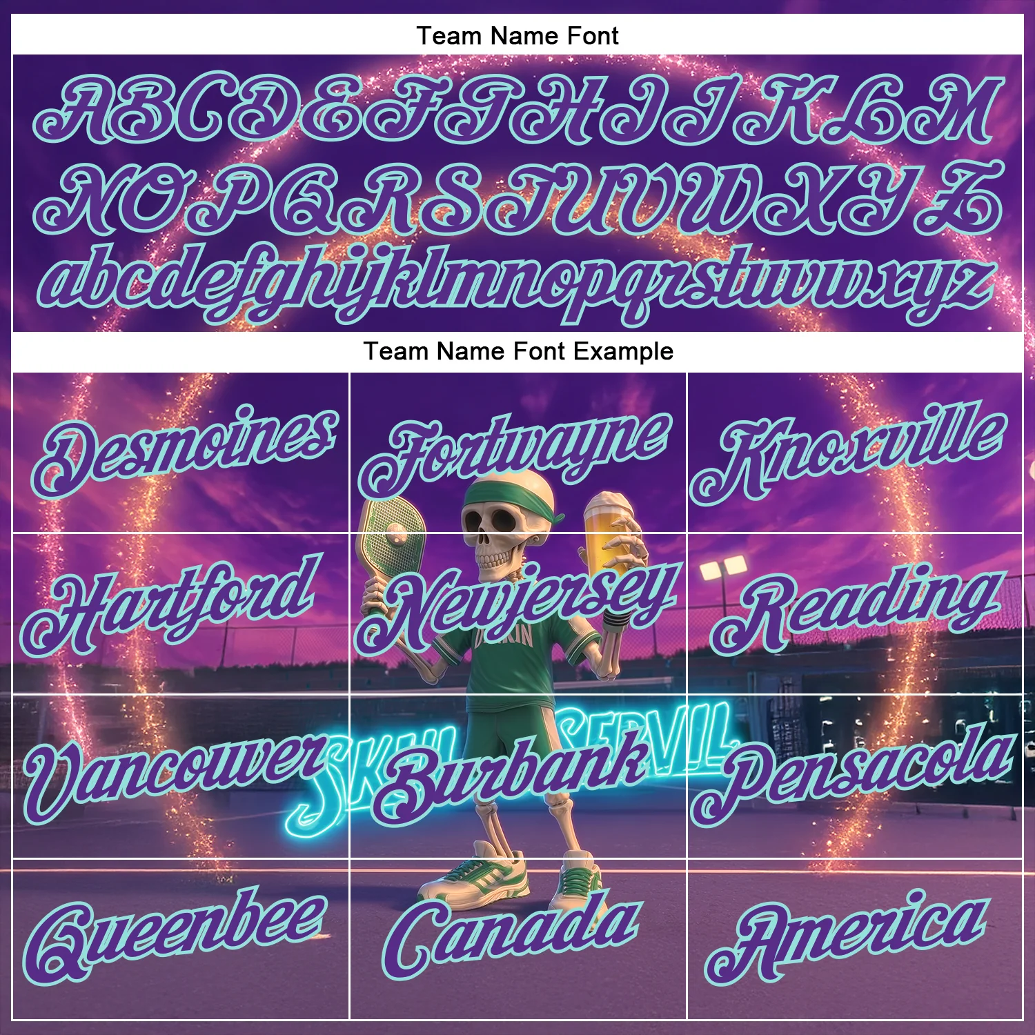 Custom Purple Ice Blue 3D Funny Pickleball Paddles Balls Skeleton Performance T-Shirt - Image 3