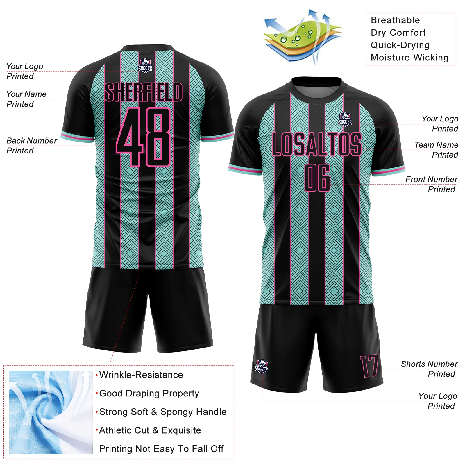Custom Black Ice Blue-Pink Pinstripe Line Sports Sublimation Soccer Uniform Jersey - Image 4