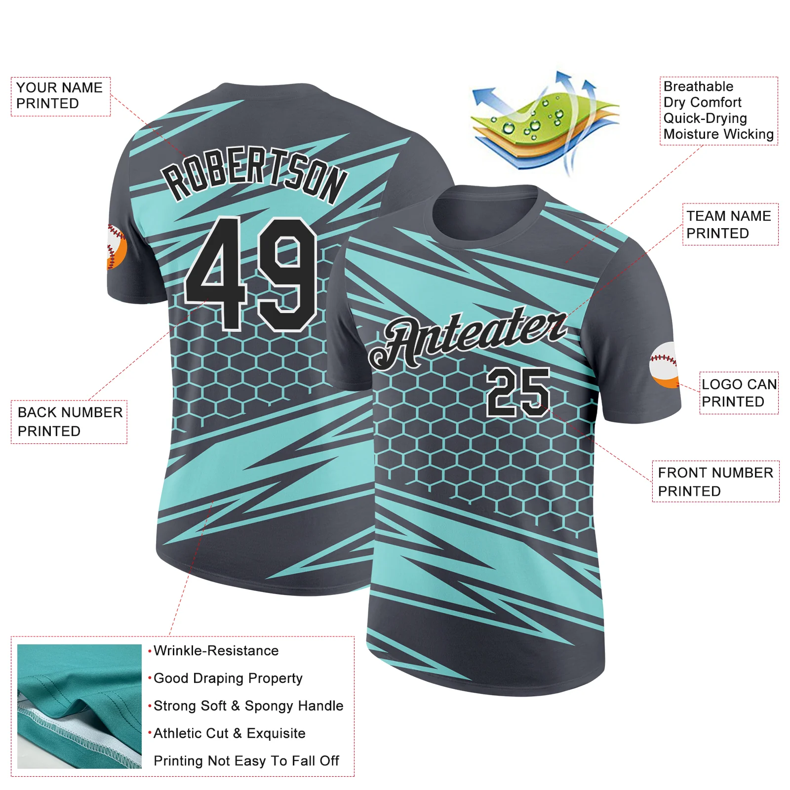 Custom Steel Gray Black-Ice Blue 3D Esports Performance T-Shirt - Image 2