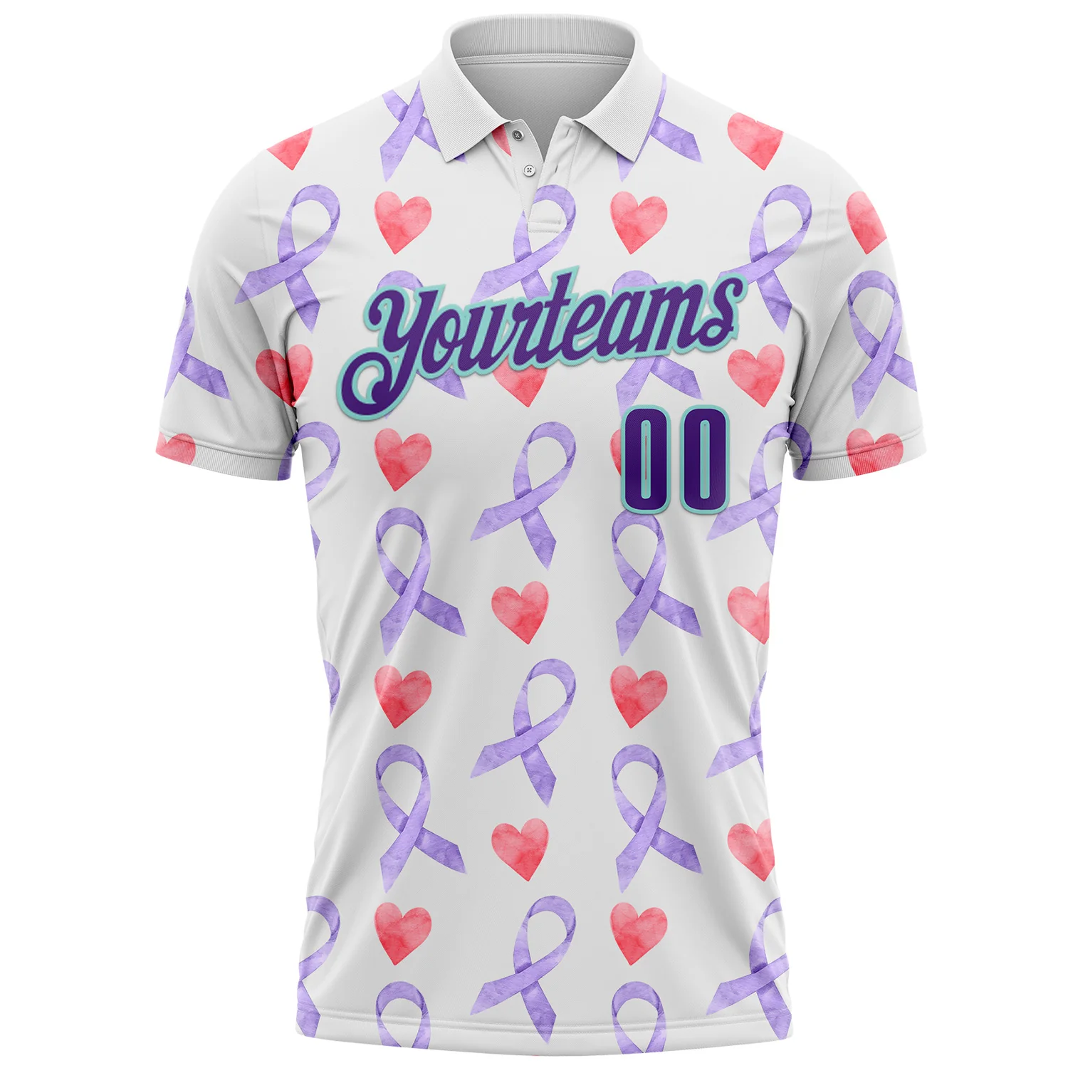 Custom White Purple-Ice Blue 3D Pattern Design Perwinkle Ribbon Gastric Cancer Awareness Hearts Performance Polo Shirt - Image 2