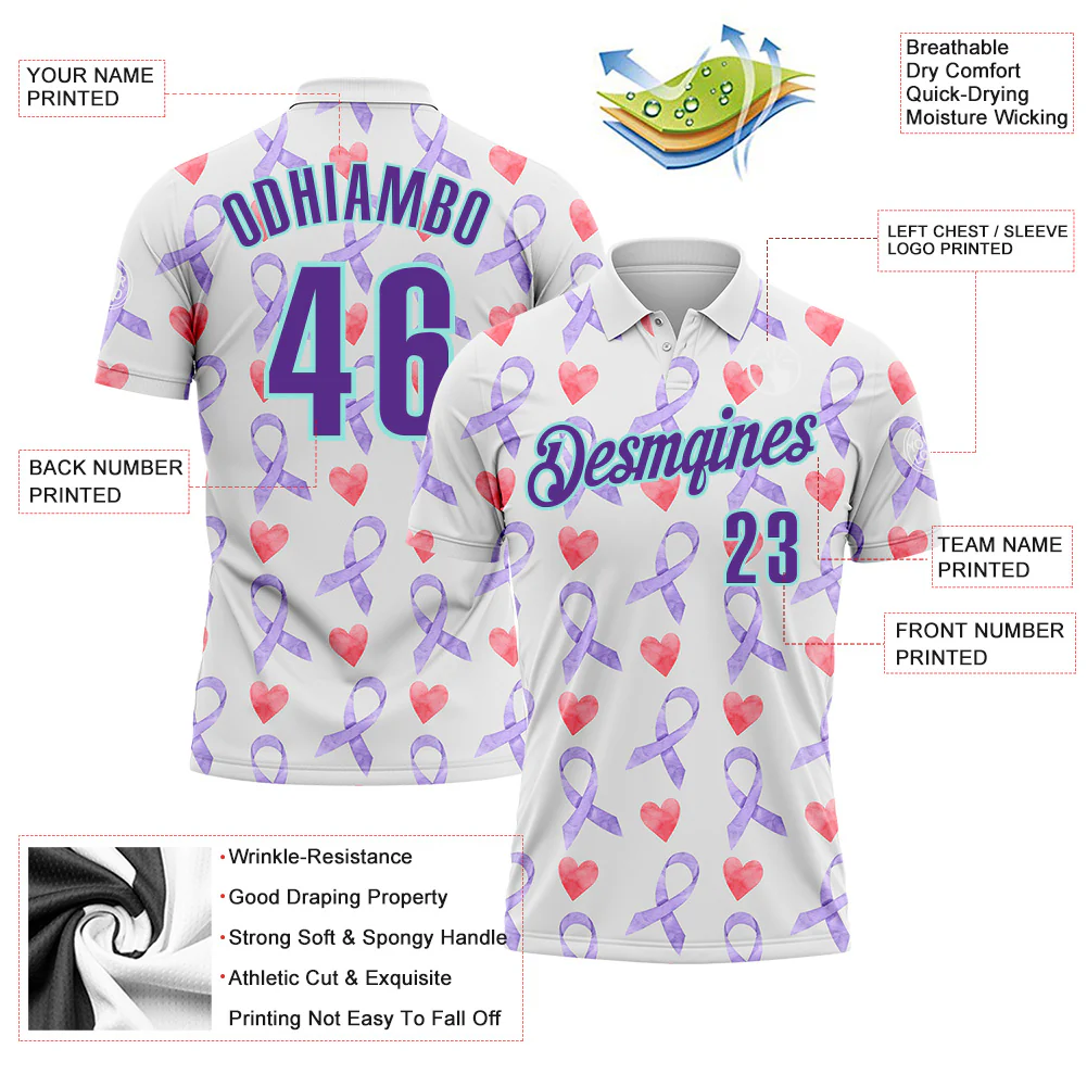 Custom White Purple-Ice Blue 3D Pattern Design Perwinkle Ribbon Gastric Cancer Awareness Hearts Performance Polo Shirt - Image 3