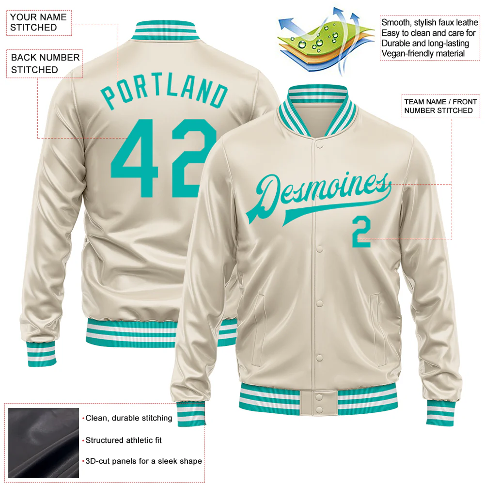 Custom Cream Aqua Bomber Full-Snap Varsity Faux Leather Letterman Jacket - Image 2