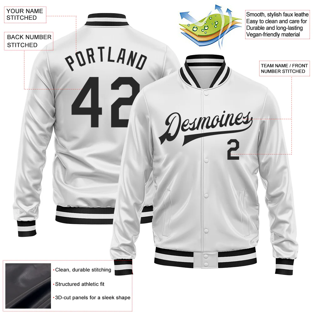 Custom White Black Bomber Full-Snap Varsity Faux Leather Letterman Jacket - Image 2