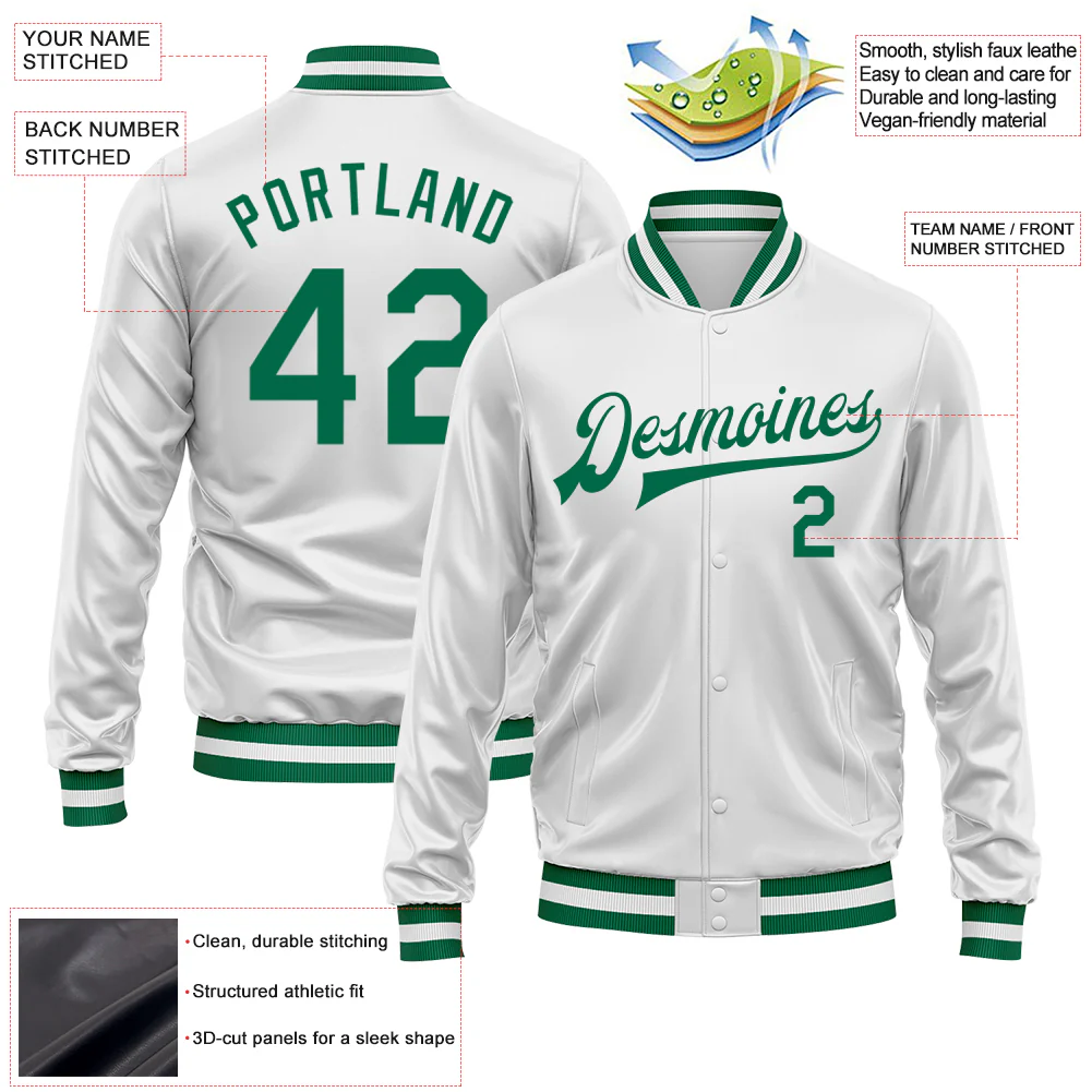 Custom White Kelly Green Bomber Full-Snap Varsity Faux Leather Letterman Jacket - Image 2