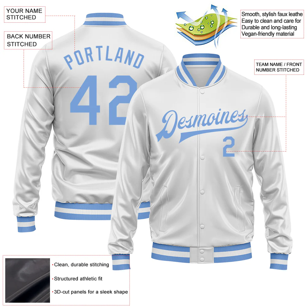 Custom White Light Blue Bomber Full-Snap Varsity Faux Leather Letterman Jacket - Image 2