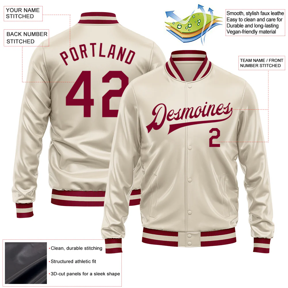 Custom Cream Maroon Bomber Full-Snap Varsity Faux Leather Letterman Jacket - Image 2