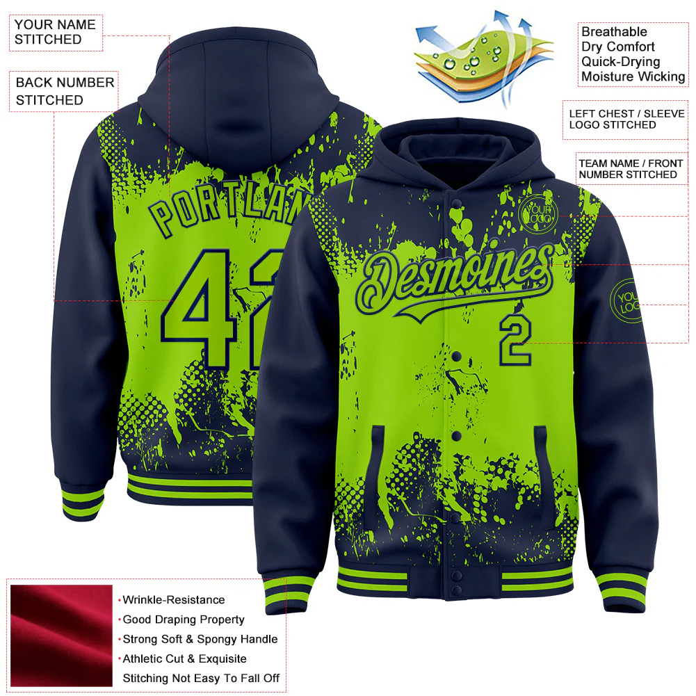 Custom Navy Neon Green Splash Art 3D Pattern Design Bomber Full-Snap Varsity Letterman Hoodie Jacket - Image 4