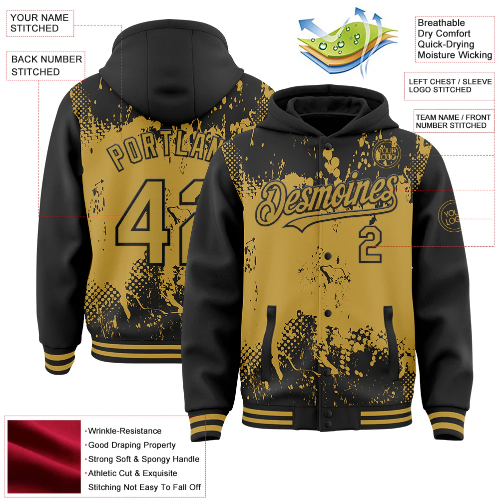 Custom Black Old Gold Splash Art 3D Pattern Design Bomber Full-Snap Varsity Letterman Hoodie Jacket - Image 4
