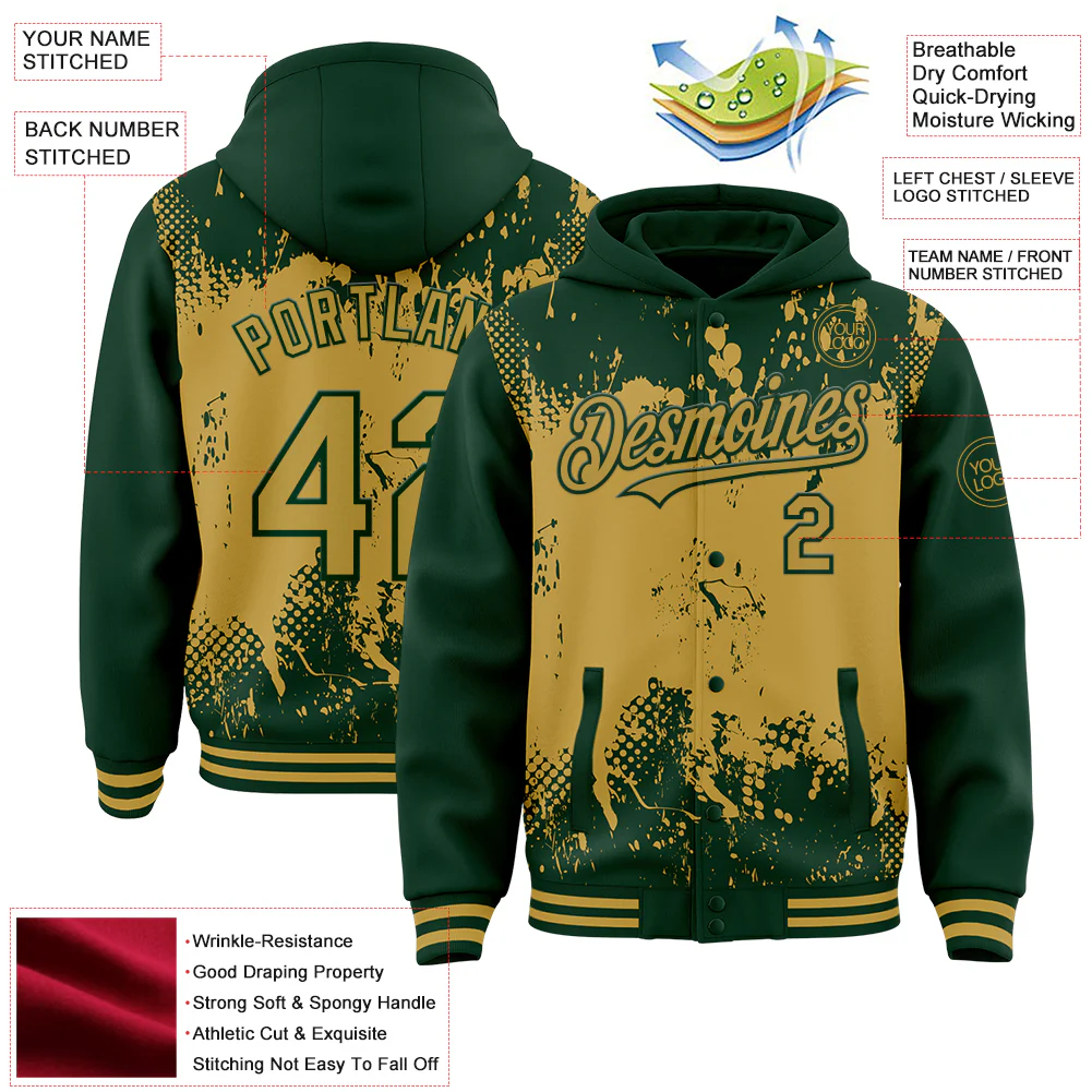 Custom Green Old Gold Splash Art 3D Pattern Design Bomber Full-Snap Varsity Letterman Hoodie Jacket - Image 4