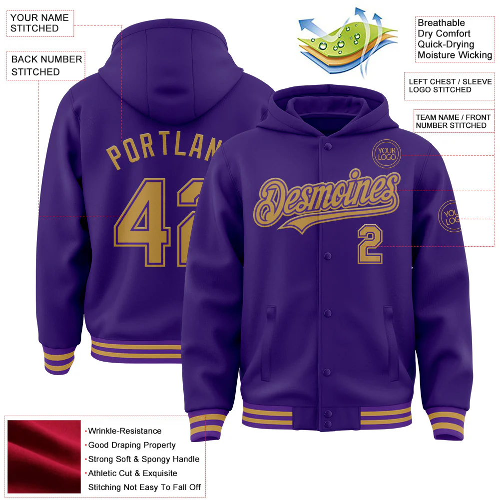 Custom Purple Old Gold Bomber Full-Snap Varsity Letterman Hoodie Jacket - Image 4