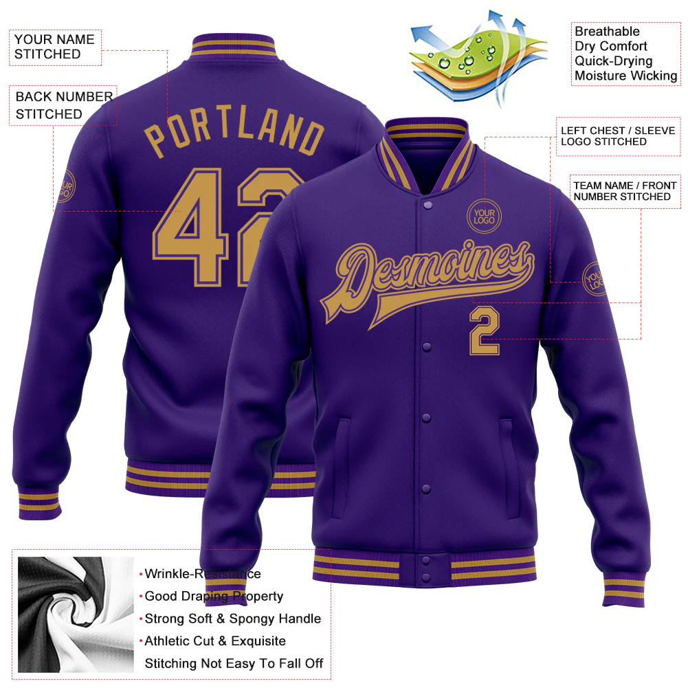 Custom Purple Old Gold Bomber Full-Snap Varsity Letterman Jacket - Image 4
