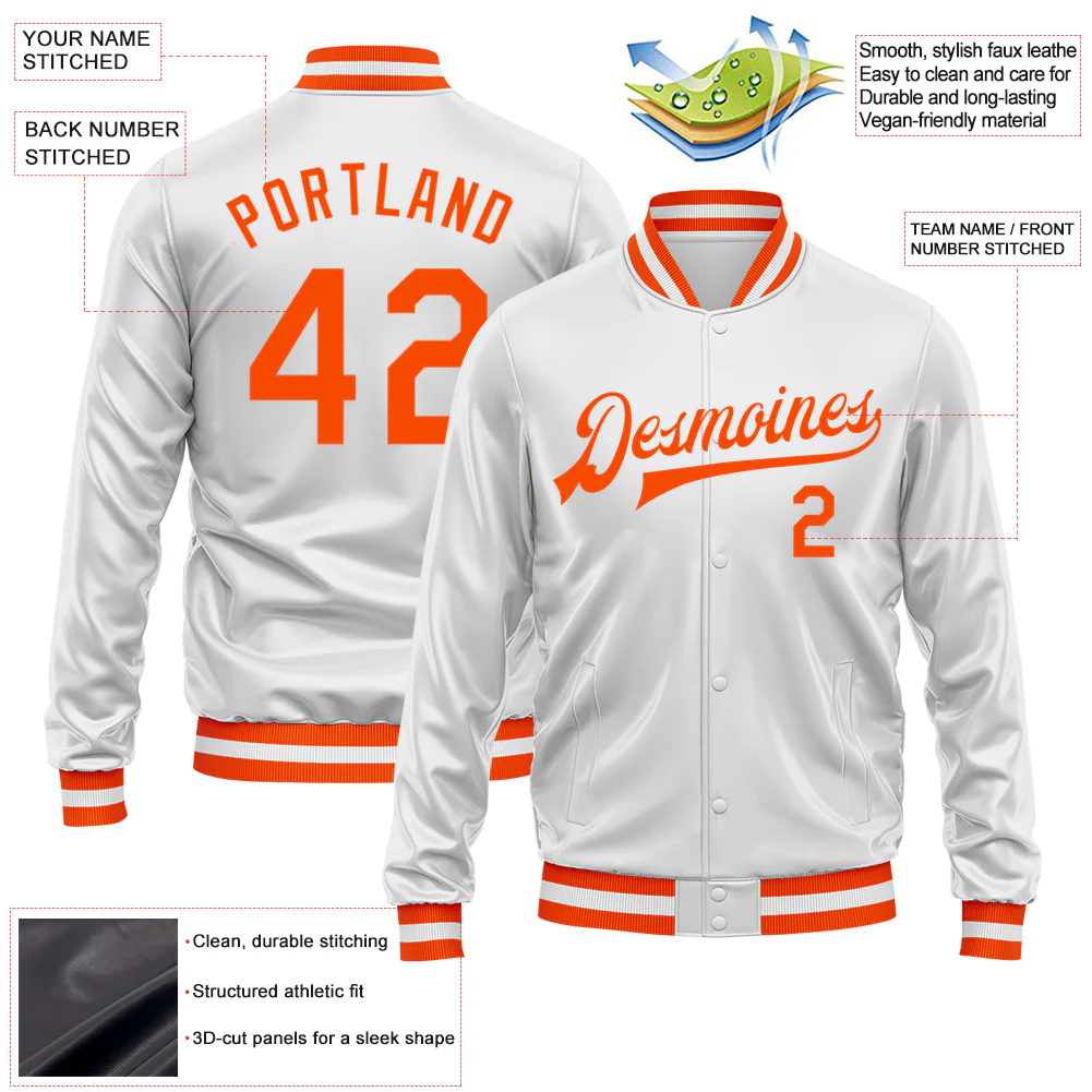 Custom White Orange Bomber Full-Snap Varsity Faux Leather Letterman Jacket - Image 2