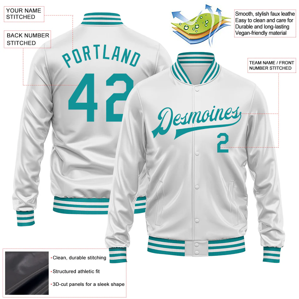 Custom White Teal Bomber Full-Snap Varsity Faux Leather Letterman Jacket - Image 2
