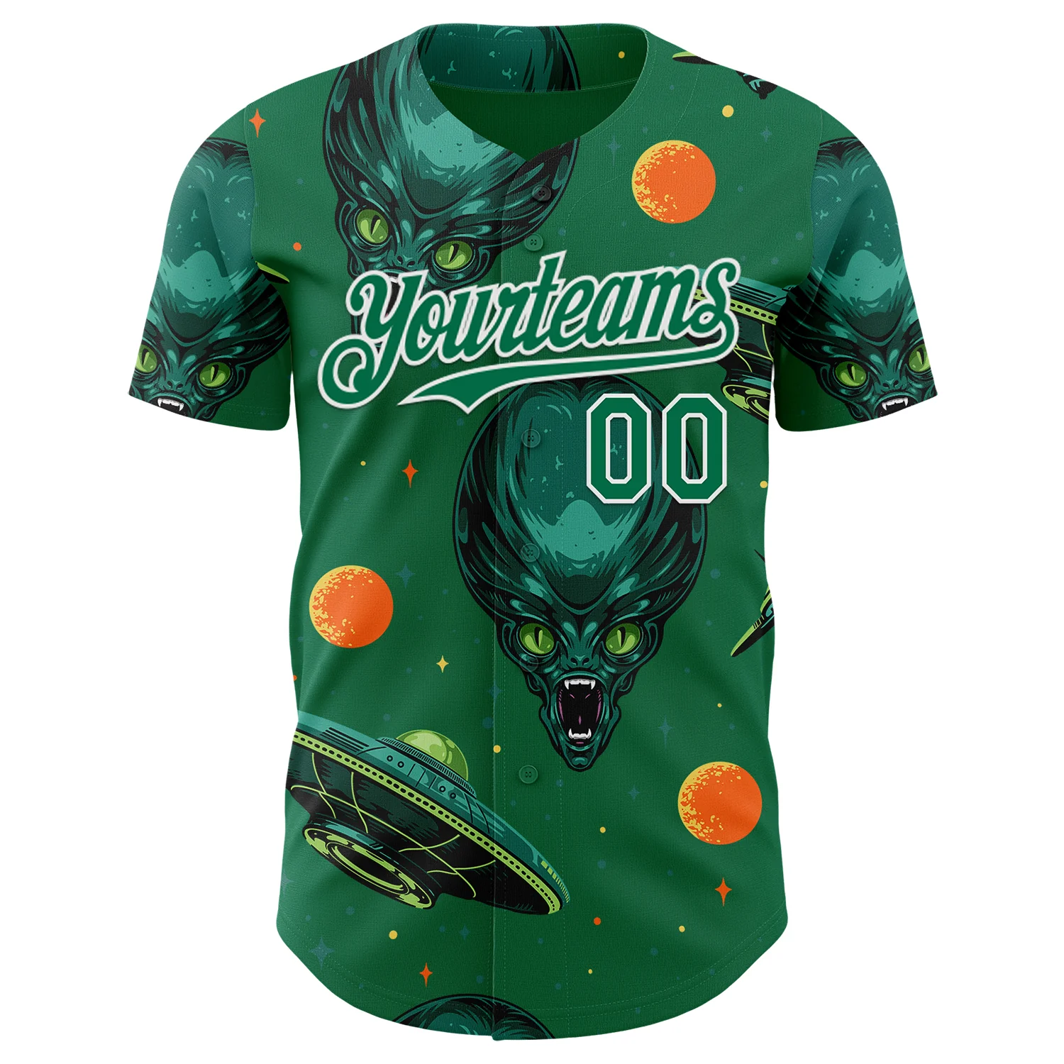 Custom Kelly Green White Alien UFO Space Authentic Baseball Jersey - Image 2