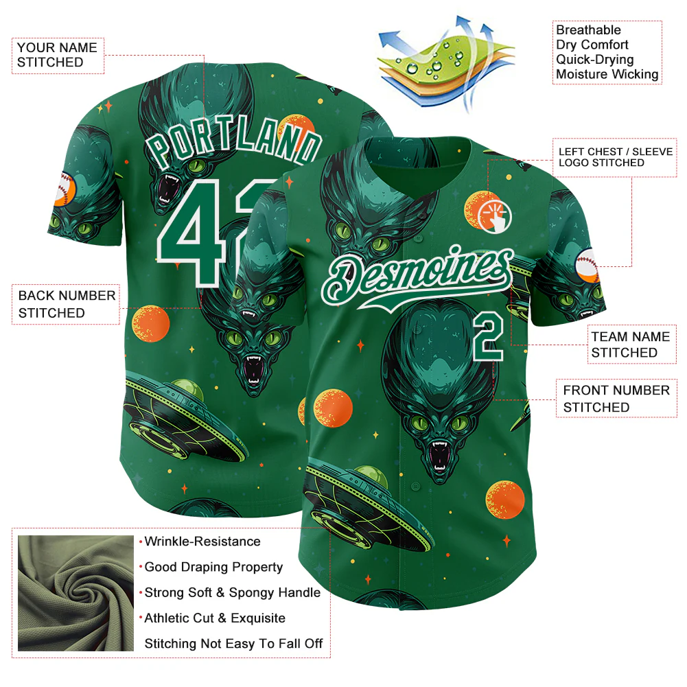 Custom Kelly Green White Alien UFO Space Authentic Baseball Jersey - Image 3