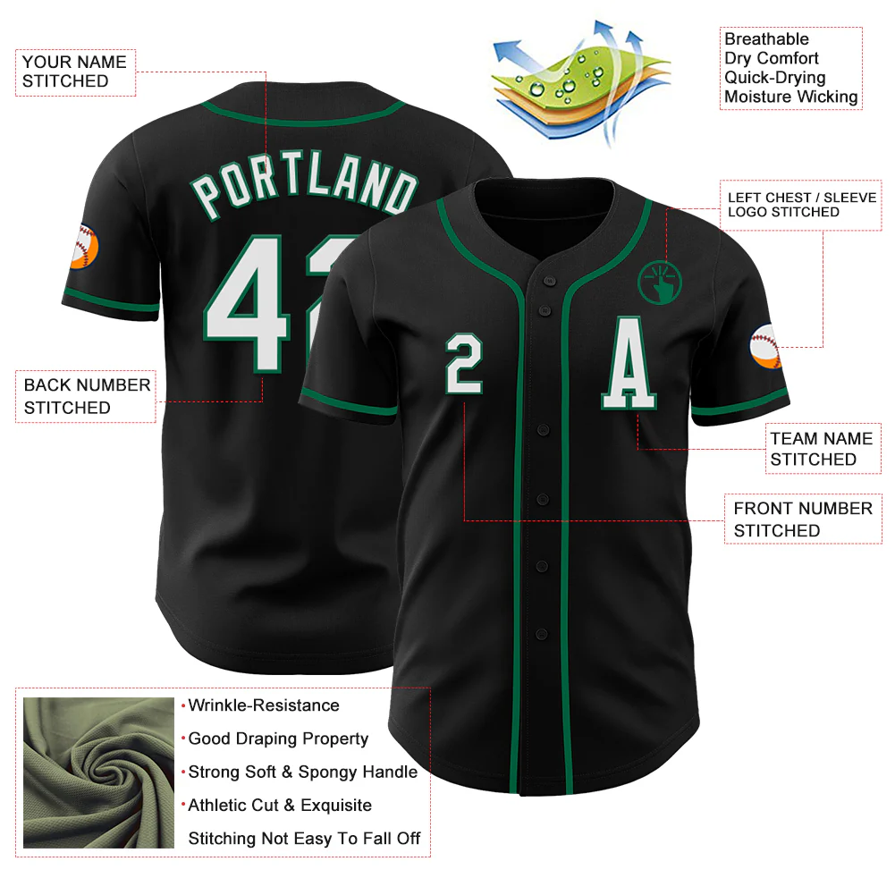 Custom Black White-Kelly Green Authentic Baseball Jersey - Image 2