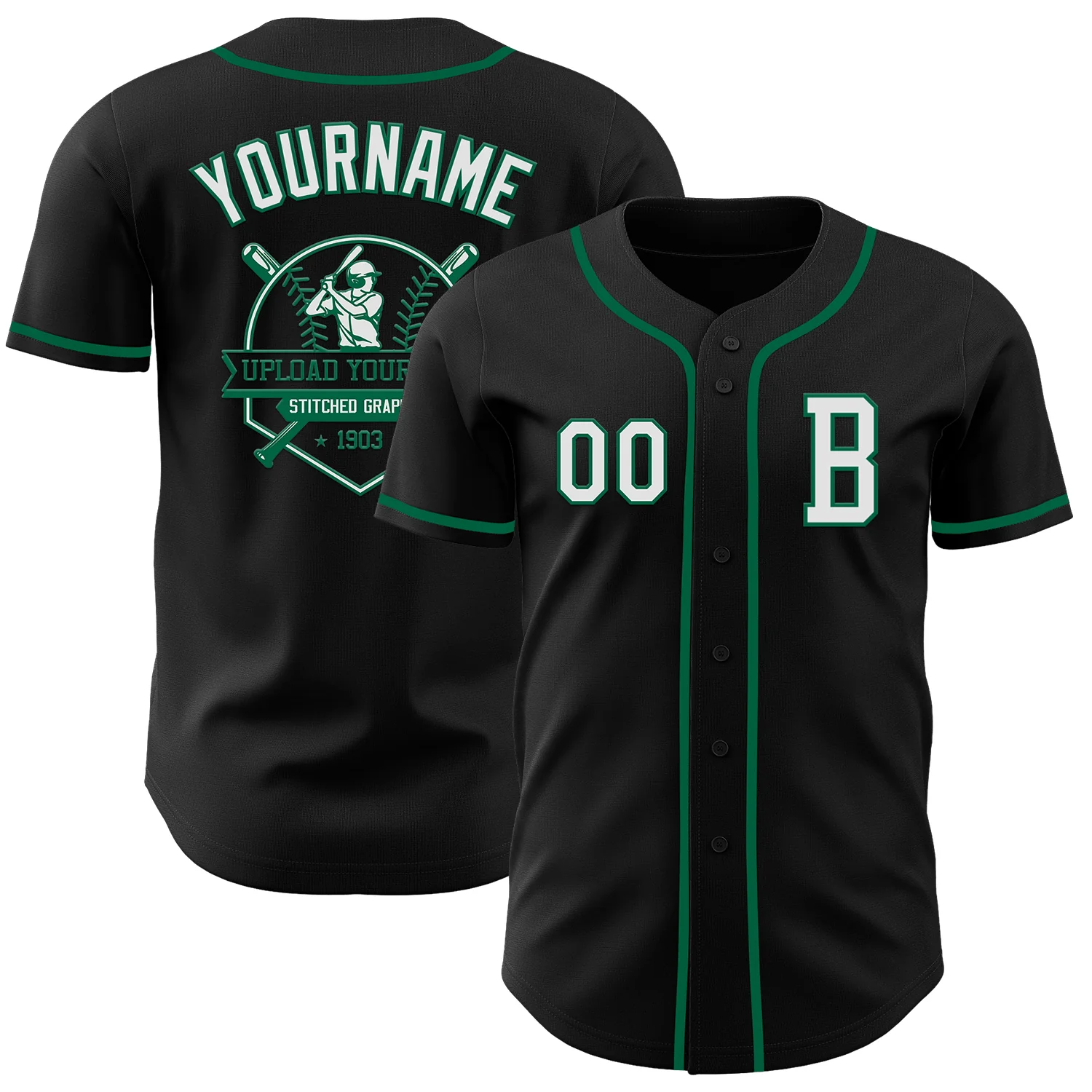 Custom Black White-Kelly Green Authentic Baseball Jersey - Image 5