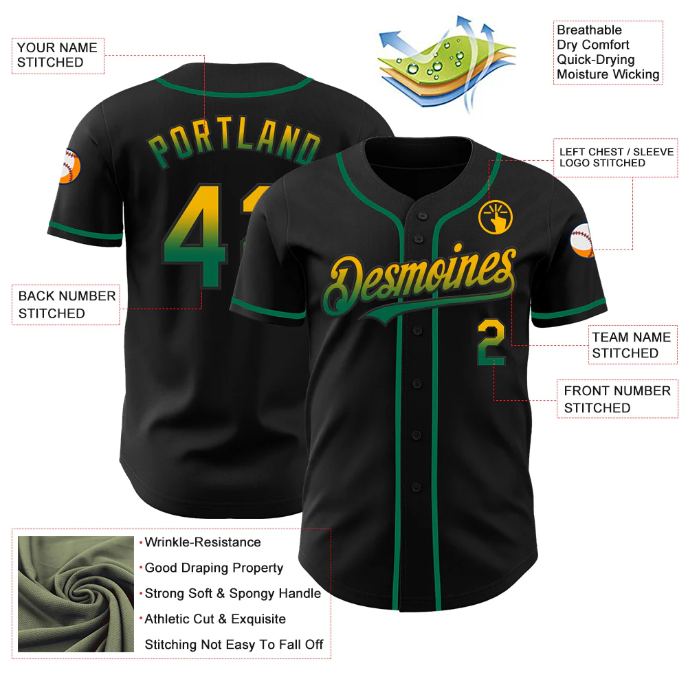 Custom Black Gold-Kelly Green Authentic Fade Fashion Baseball Jersey - Image 3