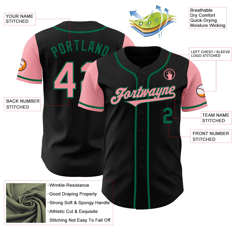 Custom Black Medium Pink-Kelly Green Authentic Two Tone Baseball Jersey - Image 3