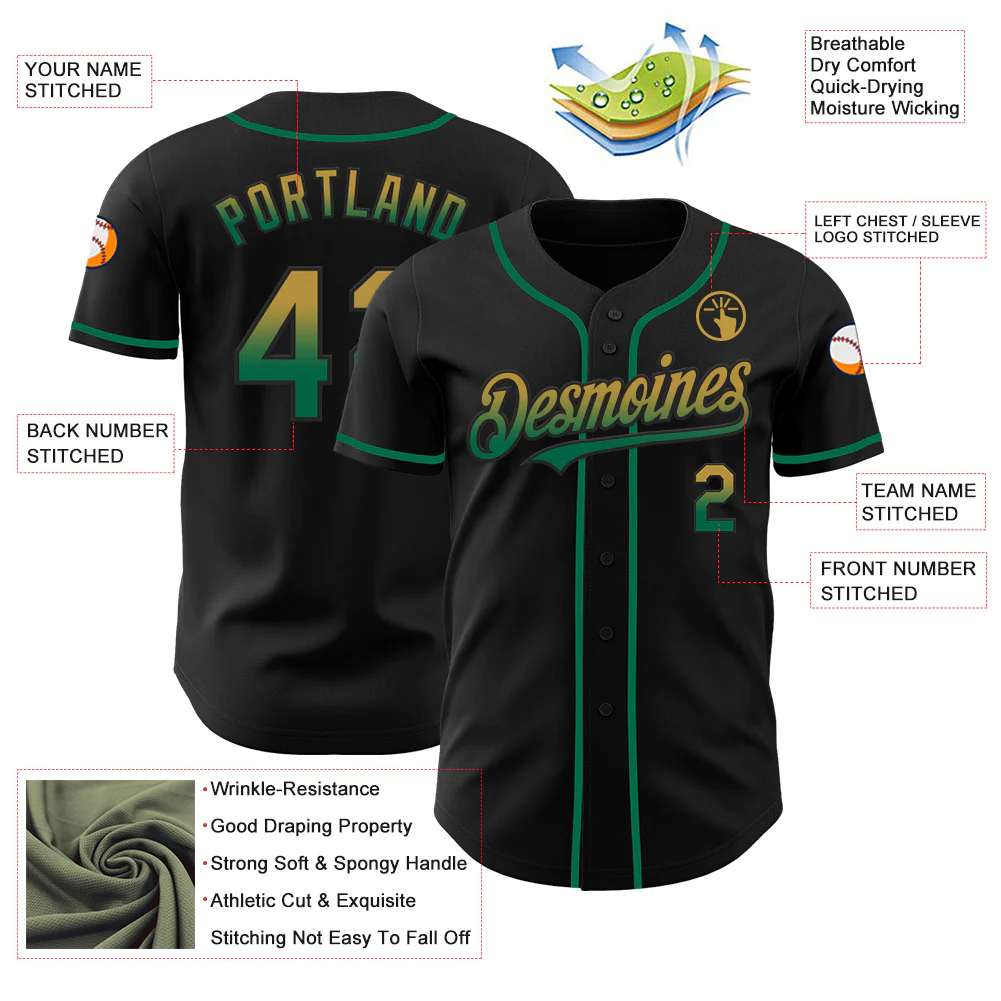 Custom Black Old Gold-Kelly Green Authentic Fade Fashion Baseball Jersey - Image 3