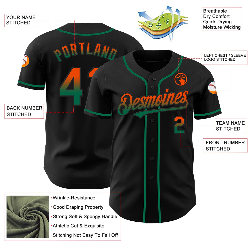 Custom Black Orange-Kelly Green Authentic Fade Fashion Baseball Jersey - Image 3