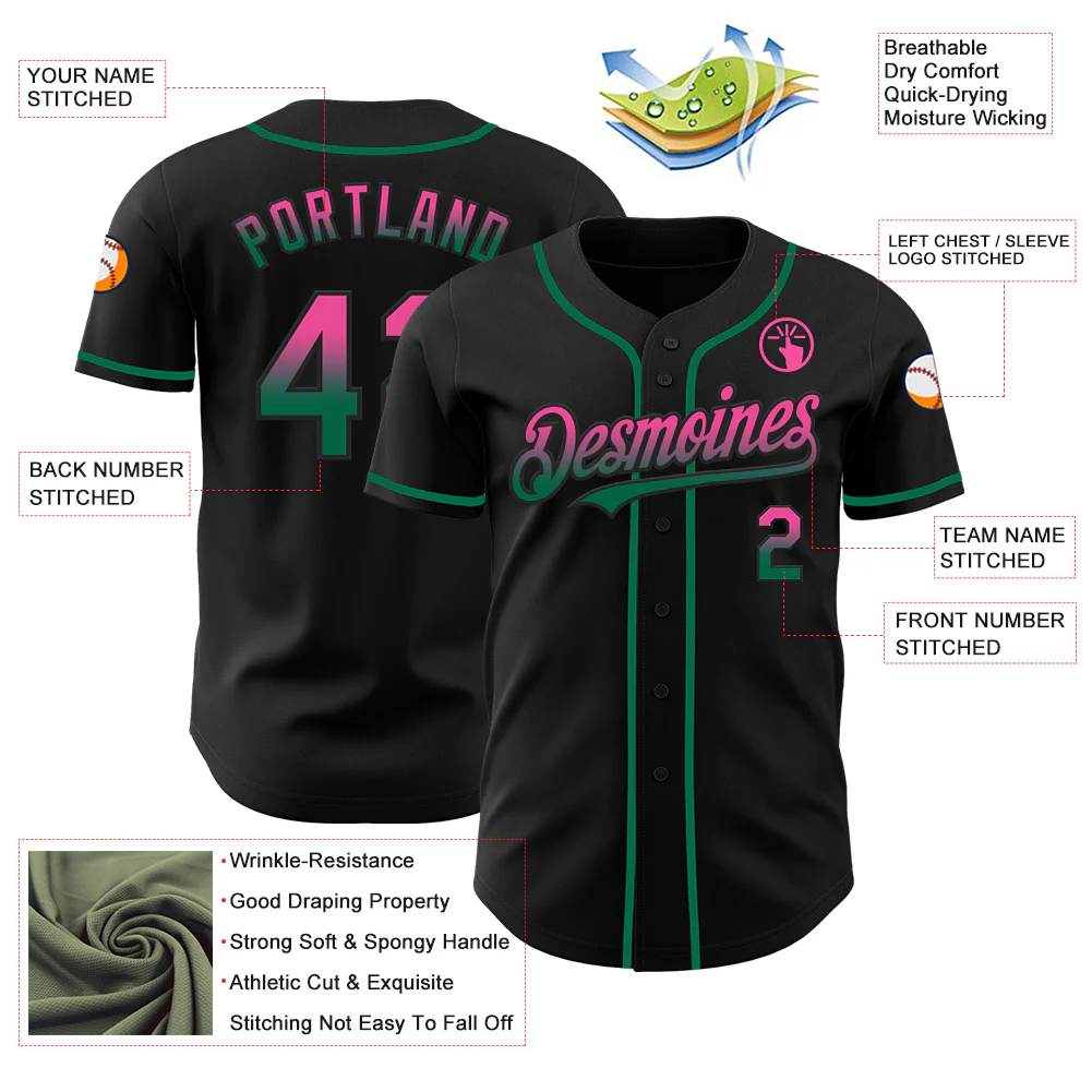 Custom Black Pink-Kelly Green Authentic Fade Fashion Baseball Jersey - Image 3