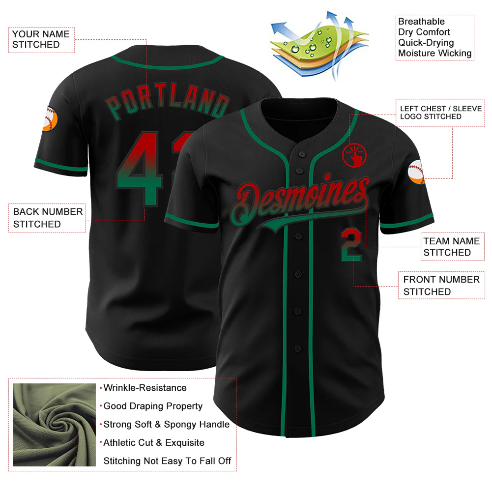 Custom Black Red-Kelly Green Authentic Fade Fashion Baseball Jersey - Image 3