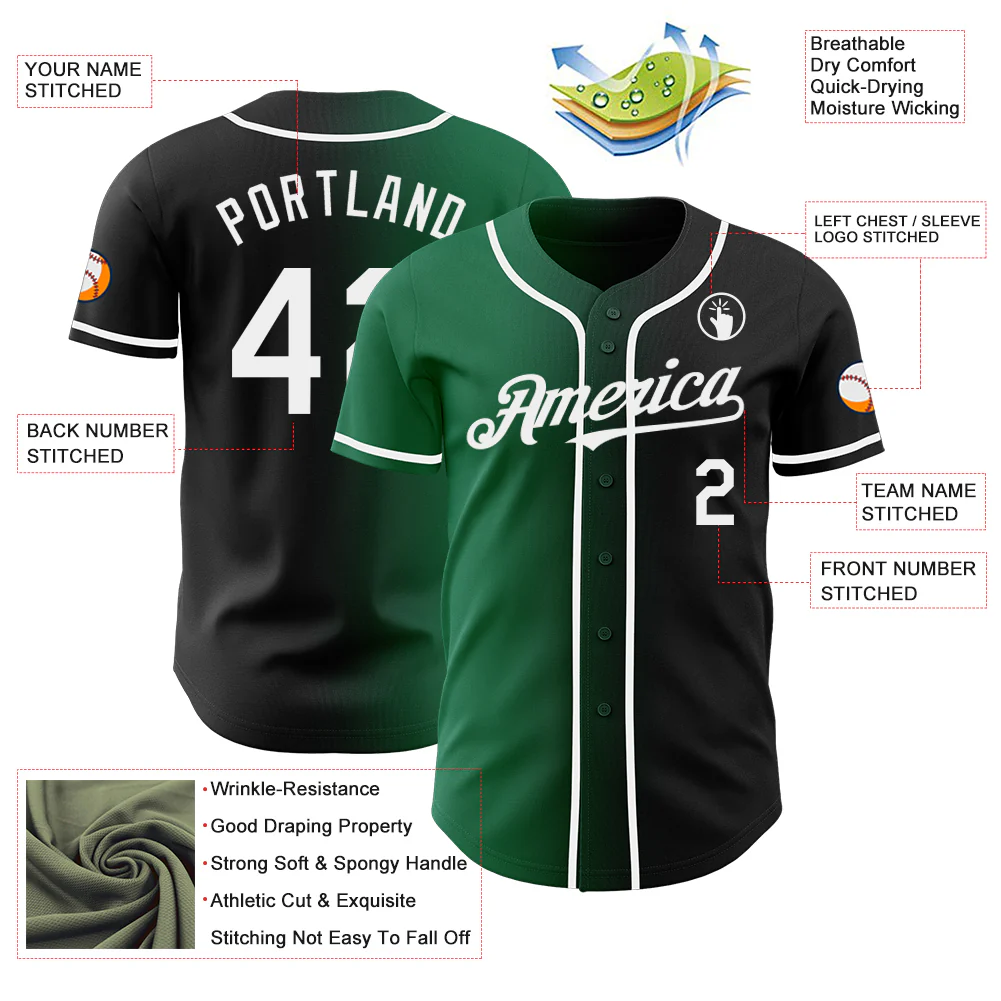 Custom Black White-Kelly Green Authentic Gradient Fashion Baseball Jersey - Image 3