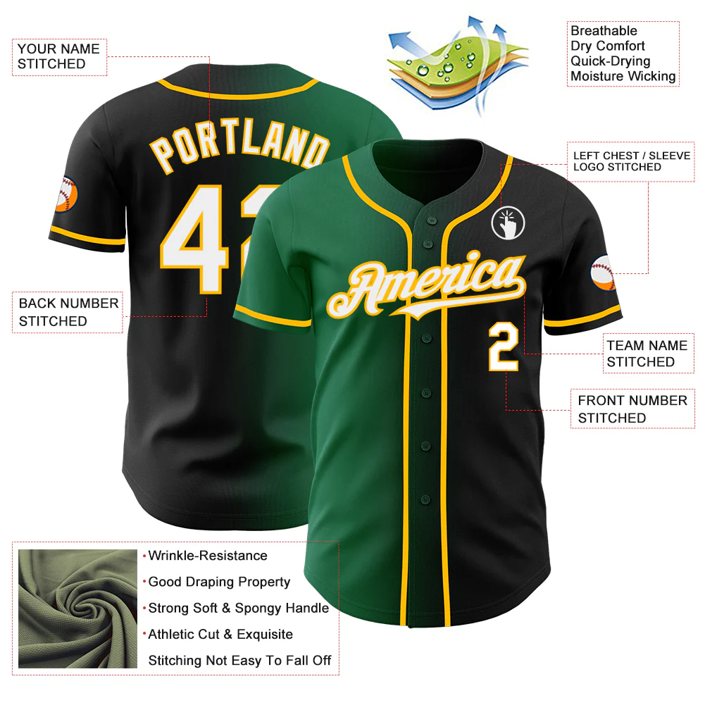 Custom Black White Kelly Green-Gold Authentic Gradient Fashion Baseball Jersey - Image 3