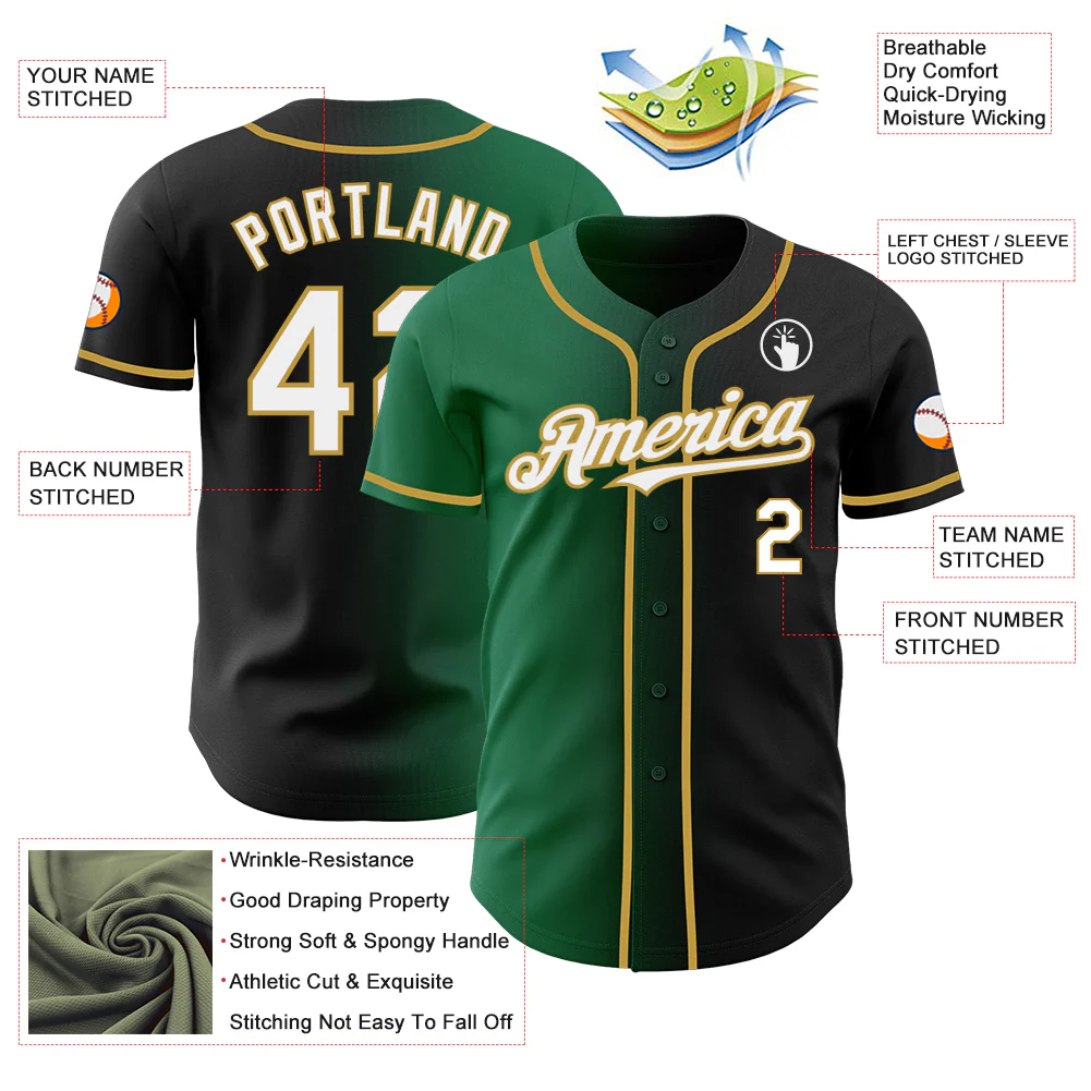 Custom Black White Kelly Green-Old Gold Authentic Gradient Fashion Baseball Jersey - Image 3