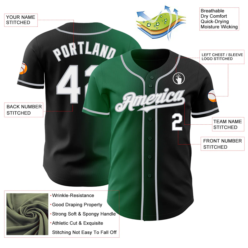 Custom Black White Kelly Green-Gray Authentic Gradient Fashion Baseball Jersey - Image 3
