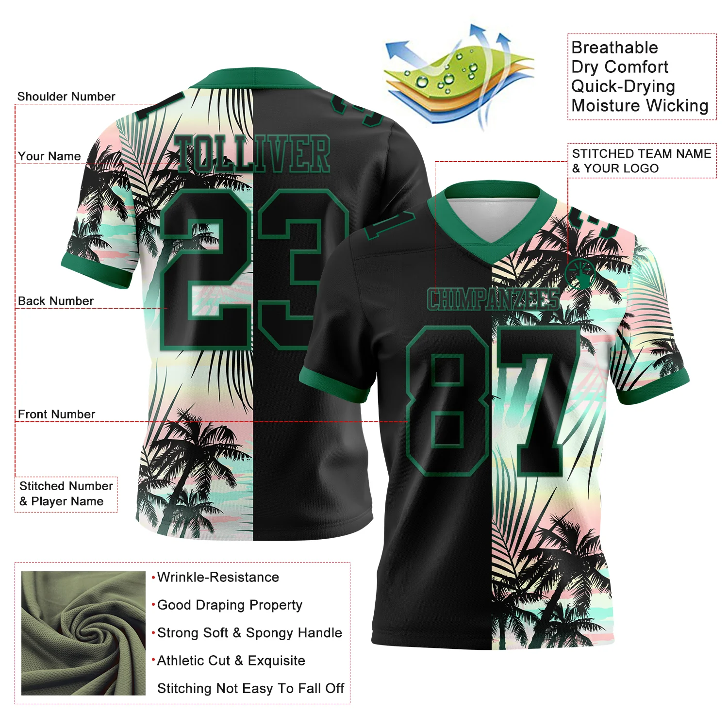 Custom Black Kelly Green 3D Pattern Tropical Hawaii Palm Leaves Authentic Football Jersey - Image 3