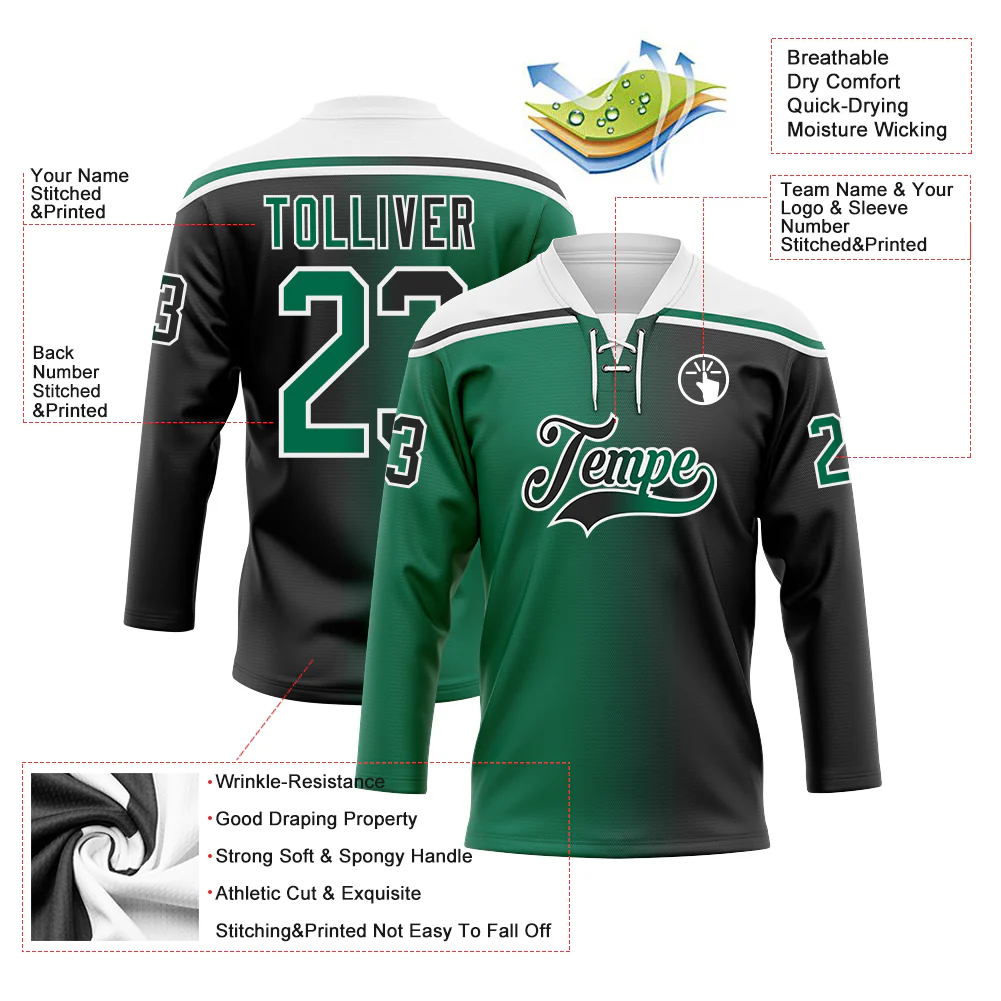 Custom Black Kelly Green-White Gradient Fashion Hockey Lace Neck Jersey - Image 5