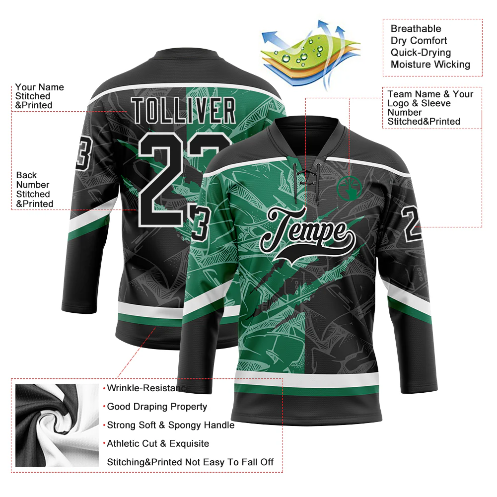 Custom Black Kelly Green-White 3D Pattern Gradient Fashion Scratch Hockey Lace Neck Jersey - Image 3