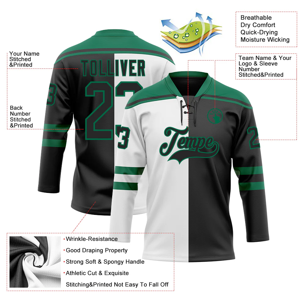 Custom Black Kelly Green-White Split Fashion Hockey Lace Neck Jersey - Image 5
