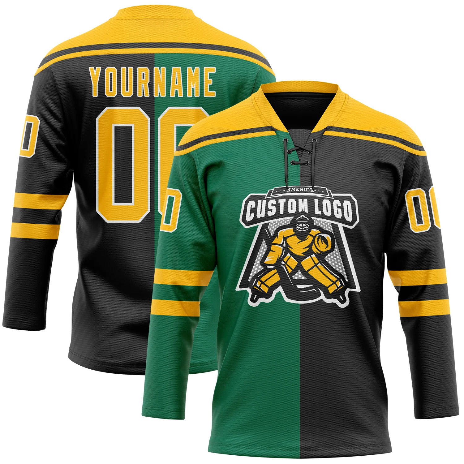 Custom Black Gold Kelly Green-White Split Fashion Hockey Lace Neck Jersey - Image 2