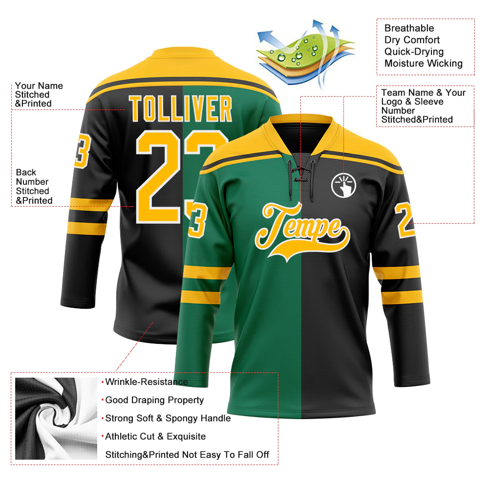 Custom Black Gold Kelly Green-White Split Fashion Hockey Lace Neck Jersey - Image 5