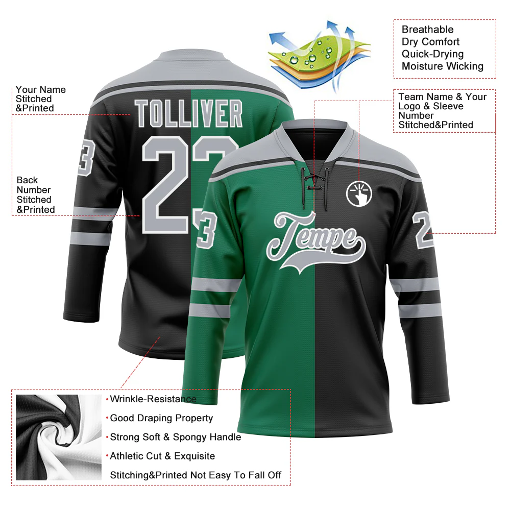 Custom Black Gray Kelly Green-White Split Fashion Hockey Lace Neck Jersey - Image 5