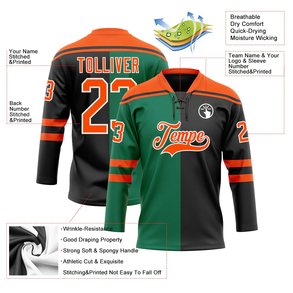 Custom Black Orange Kelly Green-White Split Fashion Hockey Lace Neck Jersey - Image 5