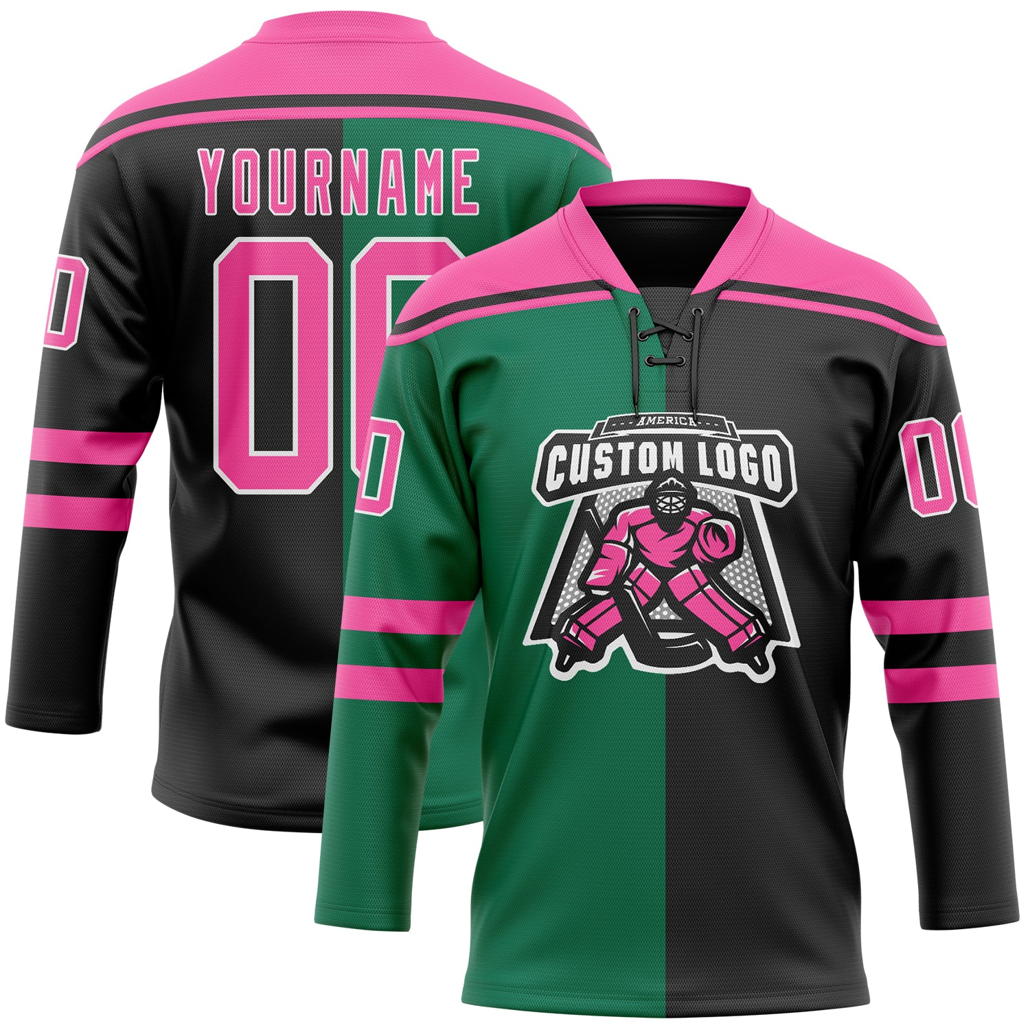 Custom Black Pink Kelly Green-White Split Fashion Hockey Lace Neck Jersey - Image 2