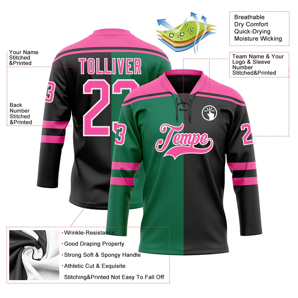 Custom Black Pink Kelly Green-White Split Fashion Hockey Lace Neck Jersey - Image 5