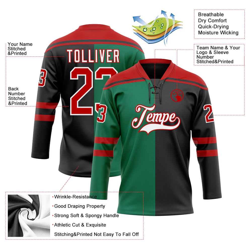 Custom Black Red Kelly Green-White Split Fashion Hockey Lace Neck Jersey - Image 5