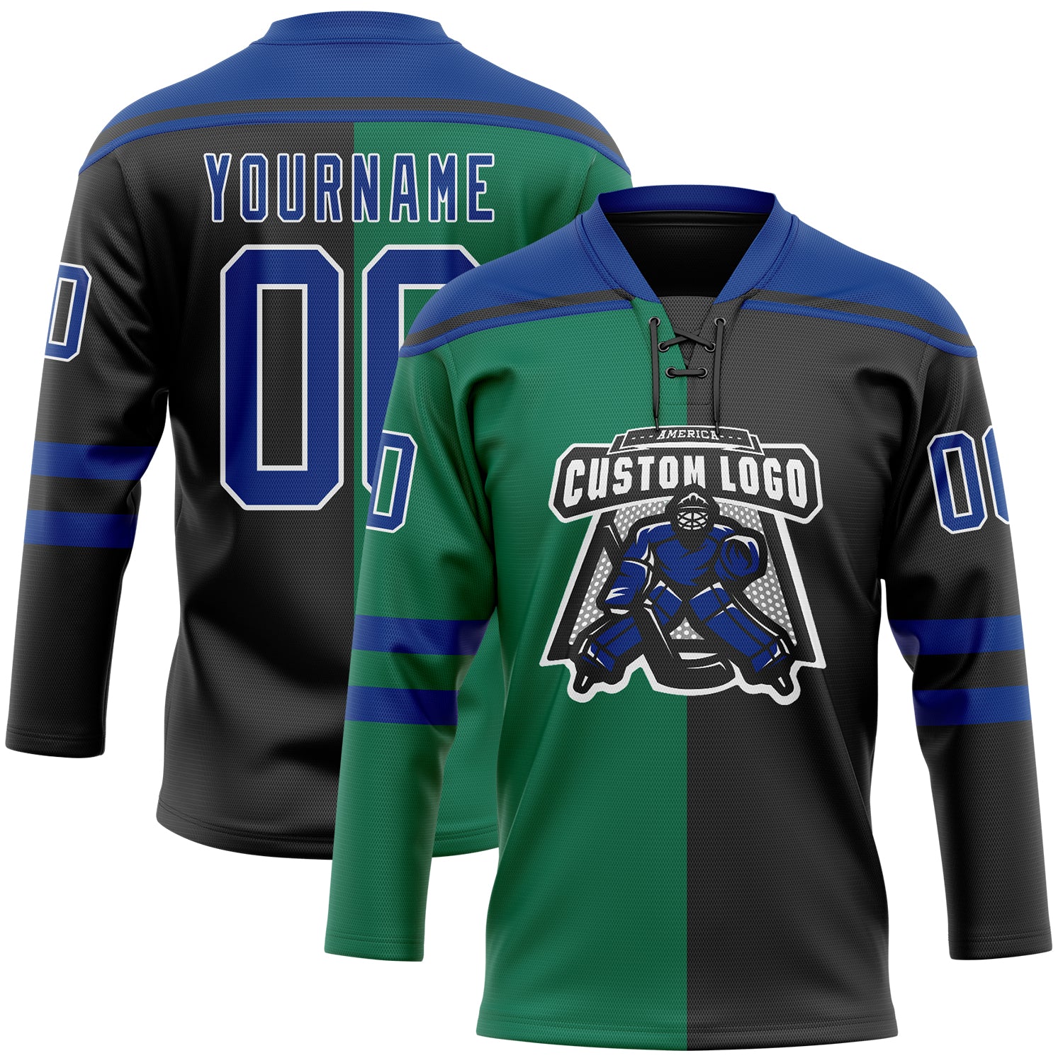Custom Black Royal Kelly Green-White Split Fashion Hockey Lace Neck Jersey - Image 2