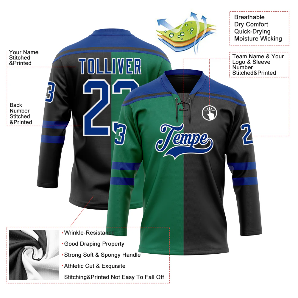 Custom Black Royal Kelly Green-White Split Fashion Hockey Lace Neck Jersey - Image 5